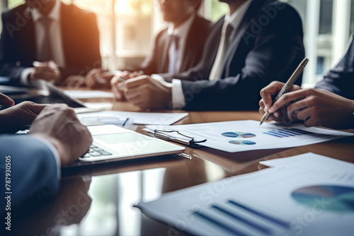 Business Team Analyzing Financial Reports During a Meeting in a Modern Office