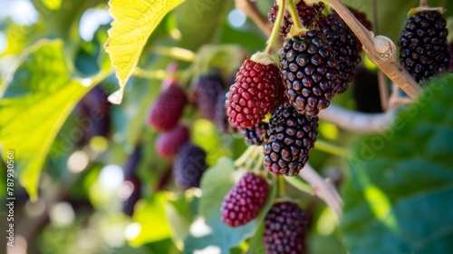 Black mulberry harvest on a branch in the garden, agribusiness business concept, organic healthy food and non-GMO fruits with copy space 