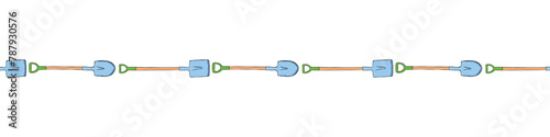 Edging, ribbon, border with shovel, spade, scoop. Tools for working on farm, garden, country site in flat doodle style. Hand drawn isolated illustration.