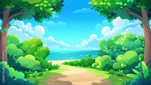 River path through summer forest cartoon background. Blue sky with clouds and ocean view for game illustration. Modern landscape of nature environment with roadway to river.