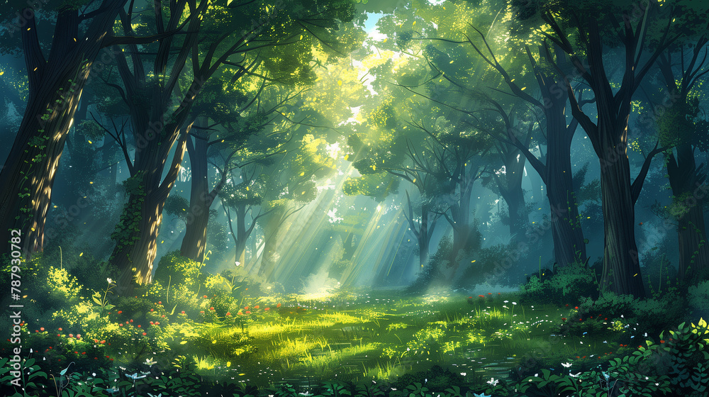 illustration of a dense forest with shafts of sunlight filtering through the canopy
