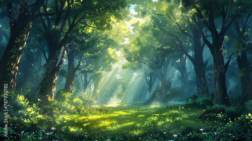 illustration of a dense forest with shafts of sunlight filtering through the canopy