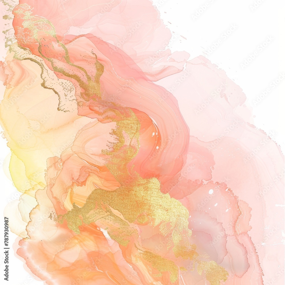An abstract painting with peach, pink, and yellow colors and gold flecks.