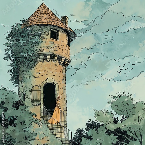 Illustration of a princess trapped in a tower, awaiting rescue in a classic damsel in distress theme