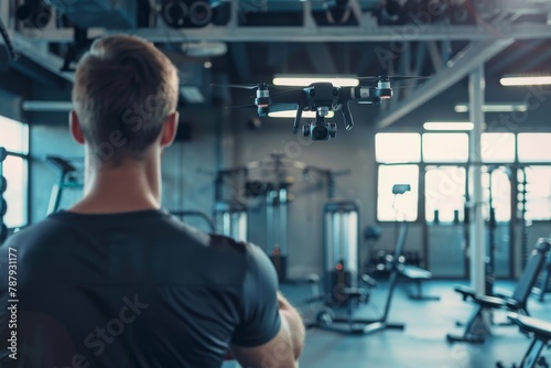 Fitness coach using a drone for recording workout sessions in a modern gym