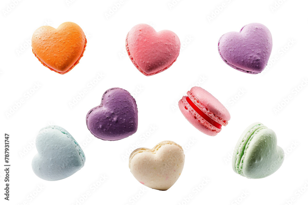 Colorful heart shape macaroons cake floating on the air isolated on background, sweet cookies macaroons Desserts sweet cake concept. Colorful heart shape macaroons cake floating on the air isolated on background, sweet cookies macaroons Desserts sweet cake concept.