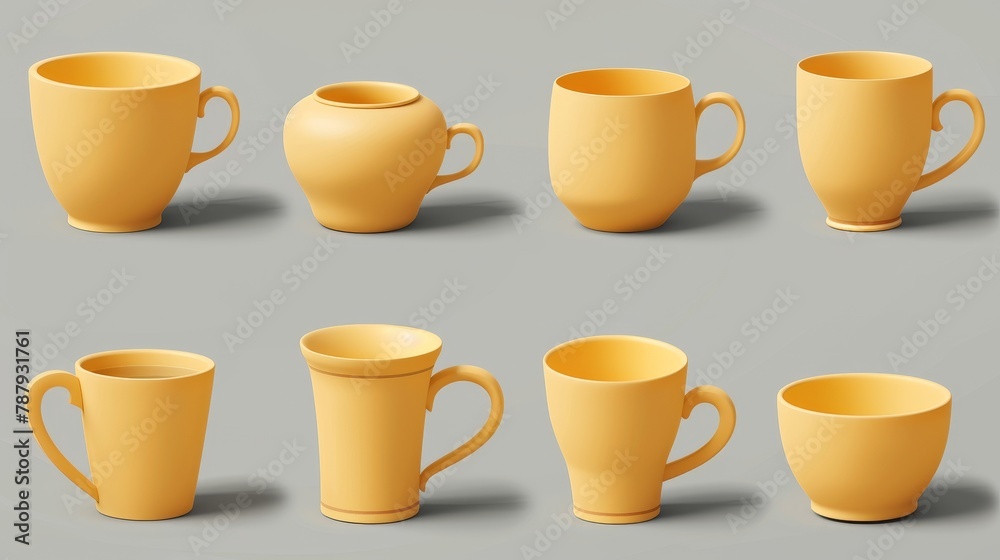Three-dimensional mockup of porcelain teacups, blank yellow ceramic mugs with shadows in side view. Modern realistic set isolated on a white background. Three-dimensional mockup of porcelain teacups, blank yellow ceramic mugs with shadows in side view. Modern realistic set isolated on a white background.