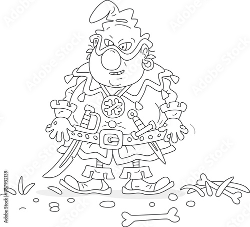 Angry cruel ogre with a sharp sabre and dagger on his belt walking among bones along a path in a forest, black and white vector cartoon illustration for a coloring book