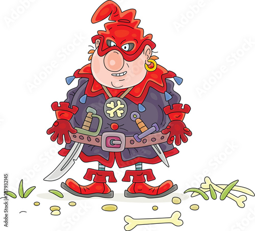 Angry cruel ogre with a sharp sabre and dagger on his belt walking among bones along a path in a forest, vector cartoon illustration on white