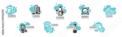 Home Cleaning Service Blue Logo Design Vector Set