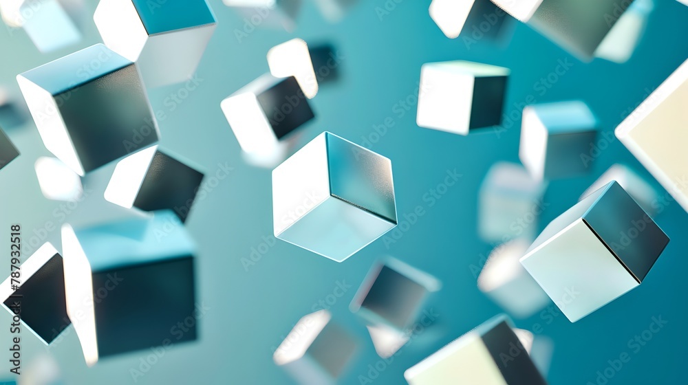 Floating 3D cubes in a serene blue space, abstract background design. Modern, digital and clean aesthetic. Perfect for tech and design uses. AI