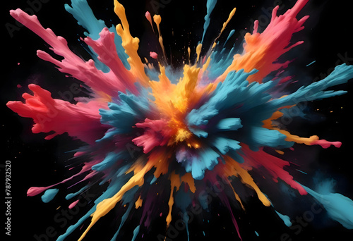 Verschiedene leuchtende Farben breiten sich explosionsartig in einem dunklen Raum aus. Abstrakte, lebendige Abbildung von unterschiedlichen Farben in Bewegung vor einem schwarzen Hintergrund. photo