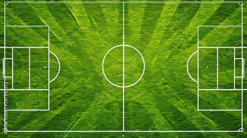 A top view of the center of a soccer pitch from a realistic perspective. White lines and circles are drawn on green grass in the middle of the field. Turf texture background for a sports contest. photo