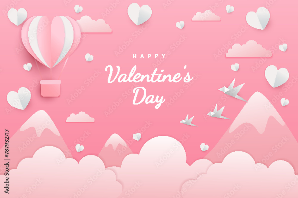 Happy valentine's day background paper cut hearts style and element with white and pink color