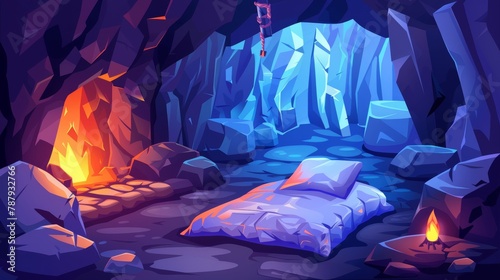 Cartoon illustration of a dark cave inside an ancient dungeon. Illustration includes a fire, a pillow on a bed, crystals, and rocks in an underground ancient cavern.
