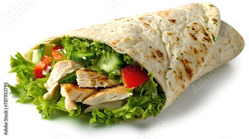 Delicious Chicken Wrap with Fresh Salad and Tomatoes on a White Background. A Healthy Fast Food Alternative. Perfect for Menu Design or Food Bloggers. AI