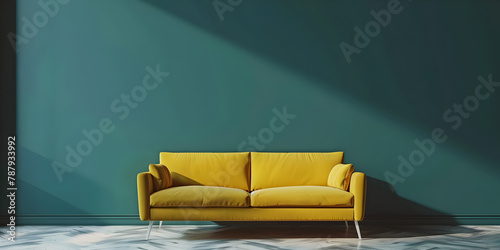 Mockup living room interior with yellow sofa on empty dark green color wall background. minimalist background interior room of living room  photo