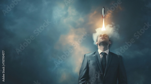 Entrepreneurial Spirit, Businessman with rocket launching from his head, symbolizing ambition and innovation photo