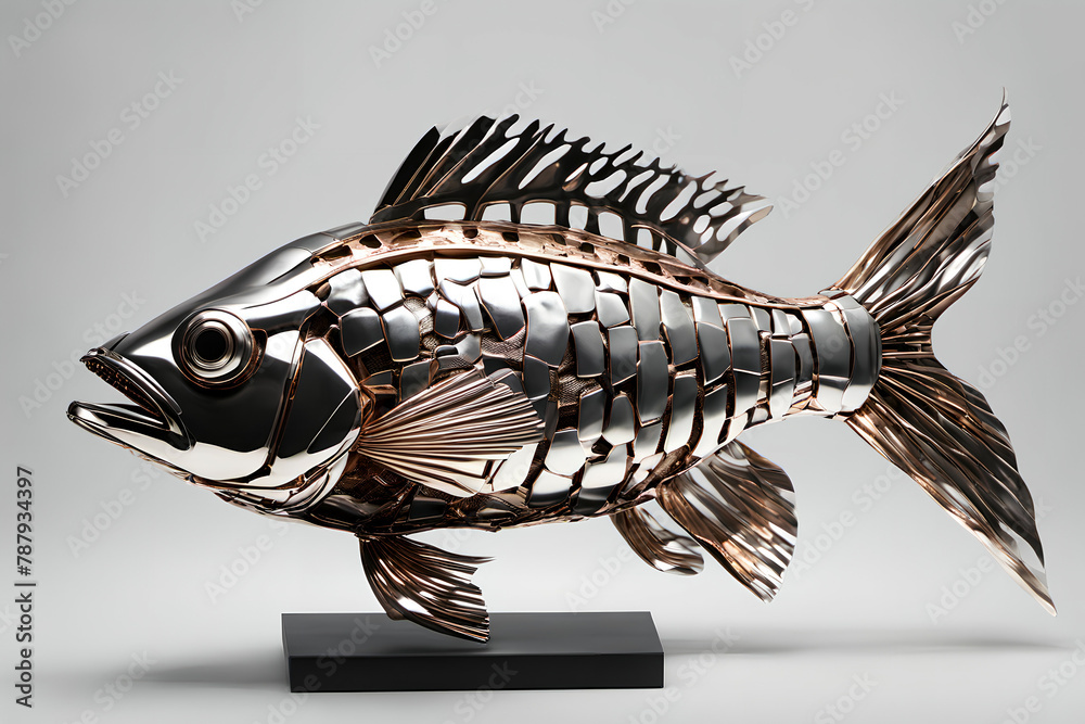 Fototapeta premium Mechanical chrome fish figurine. Digital illustration.