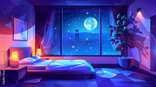 Night time bedroom interior with window and moon view. Stars are seen in dark sky above bed in romantic apartment balcony construction cartoon. Relax in hotel loggia place with plant pot and enjoy photo