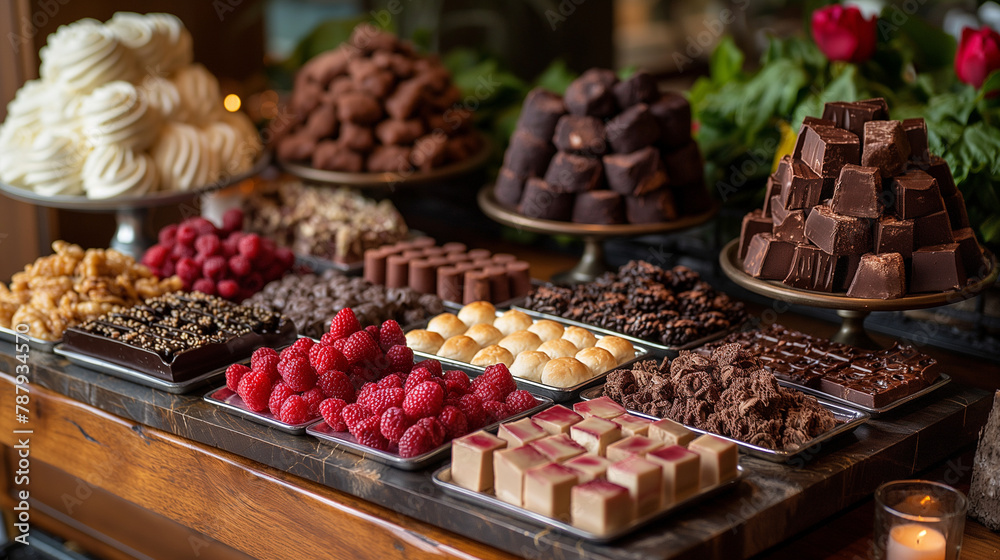 6. Chocolate Lover's Paradise: A sumptuous spread showcases an array of chocolate desserts, including silky mousses, creamy cheesecakes, and fudgy brownies, arranged amidst flicker