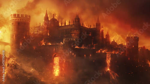 Flames engulf a besieged stronghold, casting an eerie glow over the battlefield