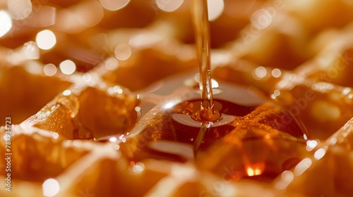 Golden Honey Pouring on Waffle Texture