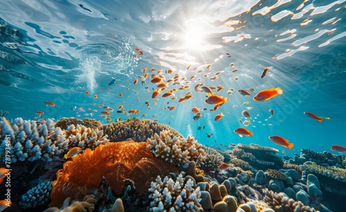Coral reef teeming with marine life, under the clear waters, emphasizing the need for marine conservation.