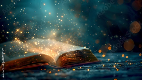 Enchanting open book radiating magical light, sparks on dark background. Fantasy and education concept in enchanting visual. Mystical reading experience with a touch of wonder. AI