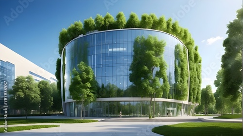 environmentally friendly, sustainable construction. Eco-friendly building. An environmentally friendly glass office building with a tree to offset carbon emissions. Green surroundings at the office. C