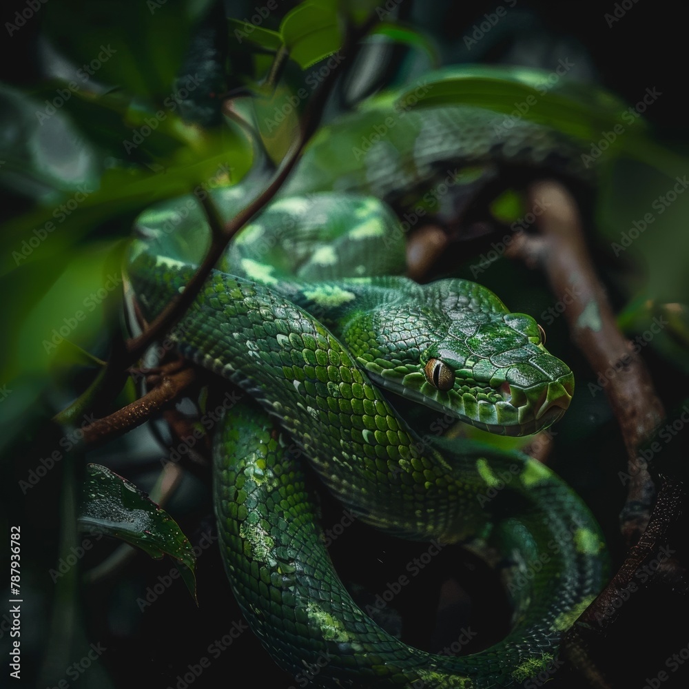 Obraz premium The green snake coils gracefully on a tree branch, blending seamlessly with its verdant surroundings, a symbol of nature's camouflage and serpentine elegance.
