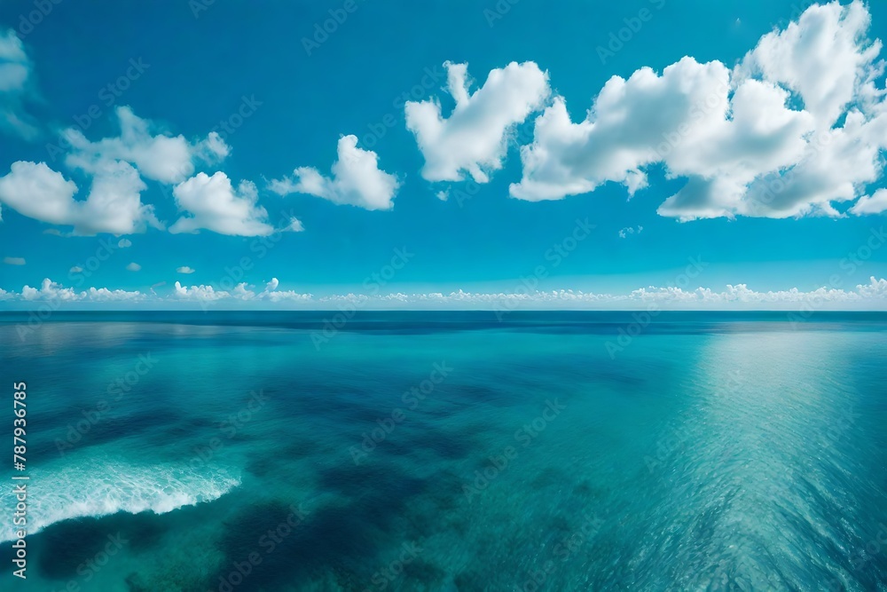 a panoramic ocean scene, capturing the breathtaking vastness of the open waters under a clear day.
