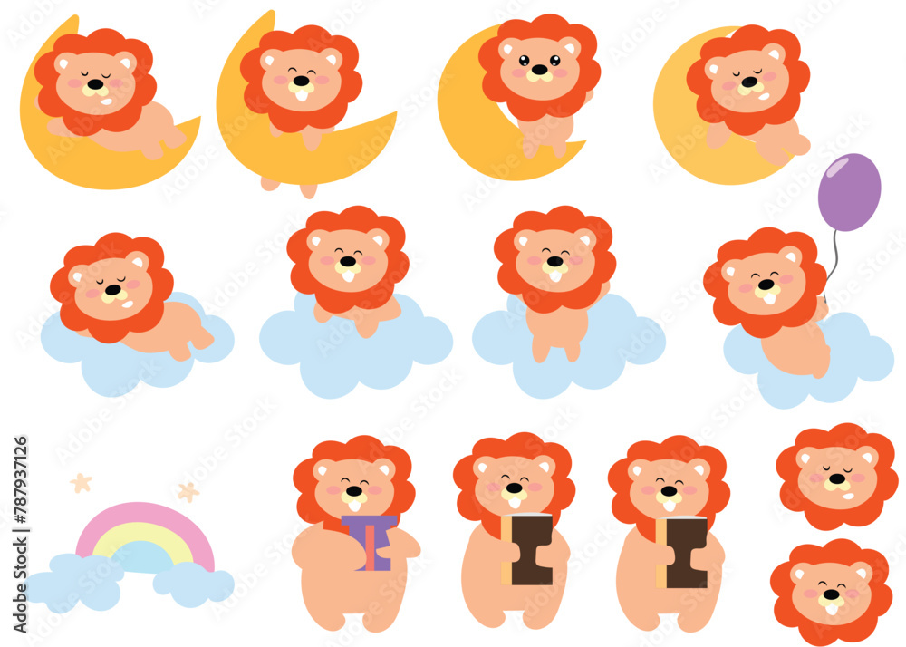 set of adorable kawaii baby lion variant gesture. zoo collection. Farm.Happy.Smile face.Isolated.Kawaii.Vector.Illustration. for invitation card, templates set of adorable kawaii baby lion variant gesture. zoo collection. Farm.Happy.Smile face.Isolated.Kawaii.Vector.Illustration. for invitation card, templates