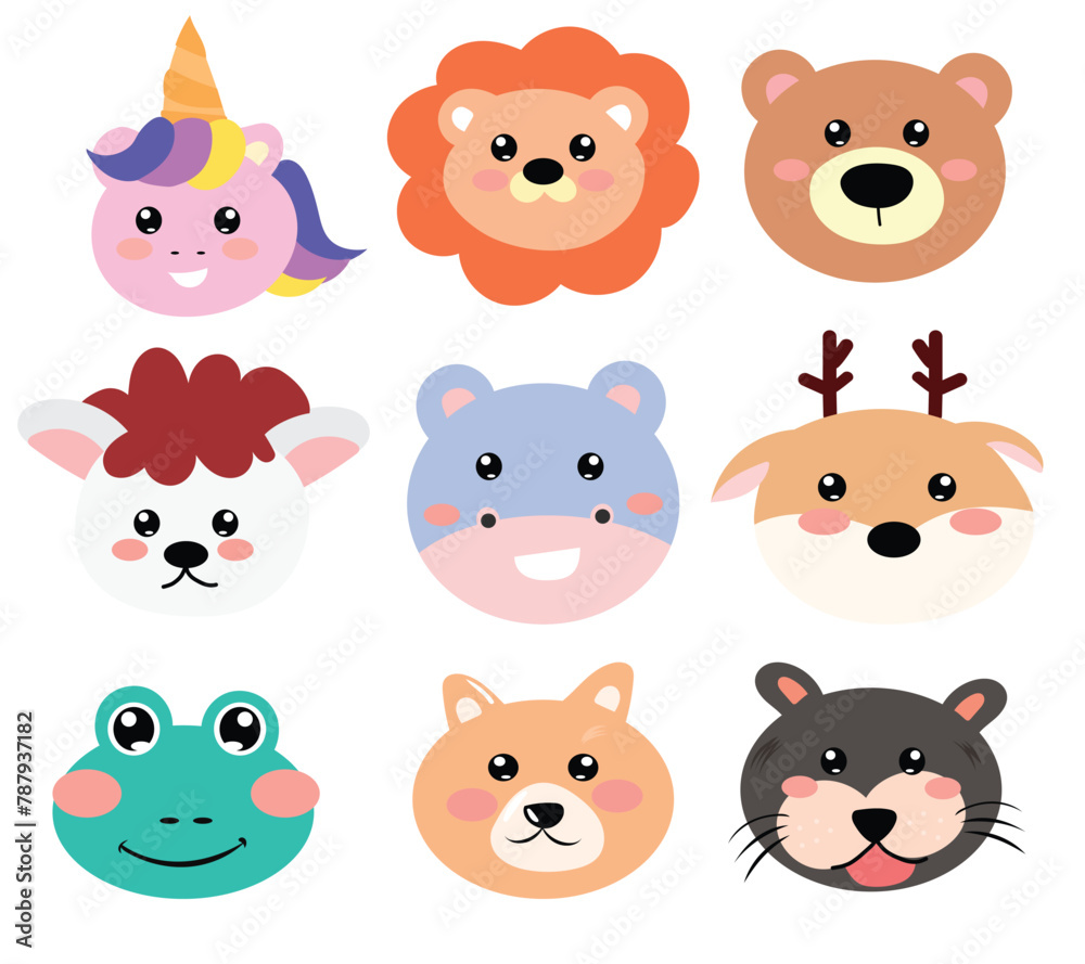 set of adorable kawaii baby zoo collection. Farm.Happy.Smile face.Isolated.Kawaii.Vector.Illustration. for invitation card, templates