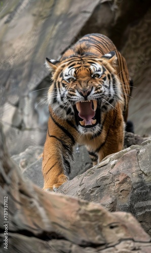 A magnificent tiger with its jaws wide open as it walks through a rough rocky landscape