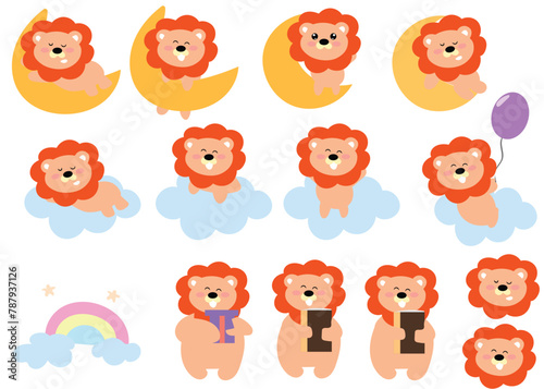 set of adorable kawaii baby lion variant gesture. zoo collection. Farm.Happy.Smile face.Isolated.Kawaii.Vector.Illustration. for invitation card, templates