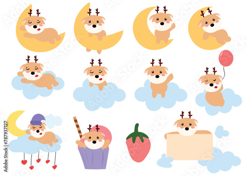 set of adorable kawaii baby deervariant gesture. zoo collection. Farm.Happy.Smile face.Isolated.Kawaii.Vector.Illustration. for invitation card, templates
