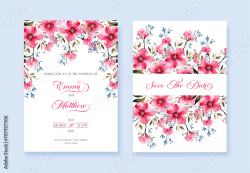 Elegant wedding invite with pink flowers on white background