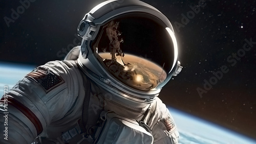 Happy Cosmonautics Day. An astronaut wearing a spacesuit in outer space. A breathtaking view of the planet Earth. An image created with the help of artificial intelligence.