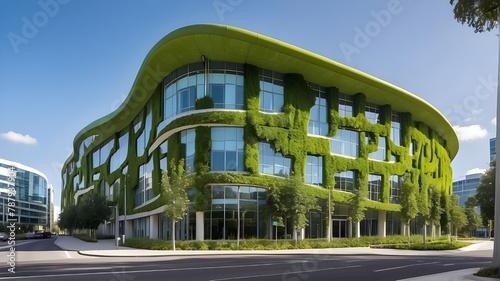 The exterior of a corporate building with green certification, exhibiting energy efficiency and sustainable architecture within a contemporary urban environment. environmentally friendly, sustainable  photo