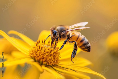 Flying honey bee collecting pollen at yellow flower. Bee flying over the yellow flower