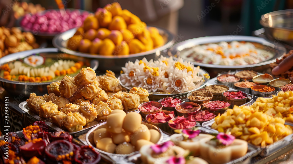 Assorted Indian Sweets and Spices at Market Stall