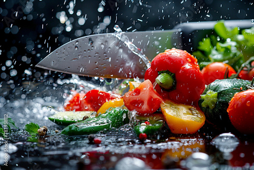 fresh vegetables with water splashes and knife