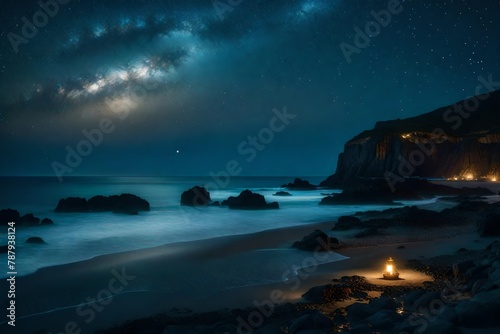 an enchanting seascape, with a panoramic view of the ocean under a clear, star-studded night.