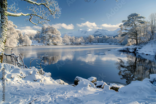 Frozen tarn haws covered in snow lake district