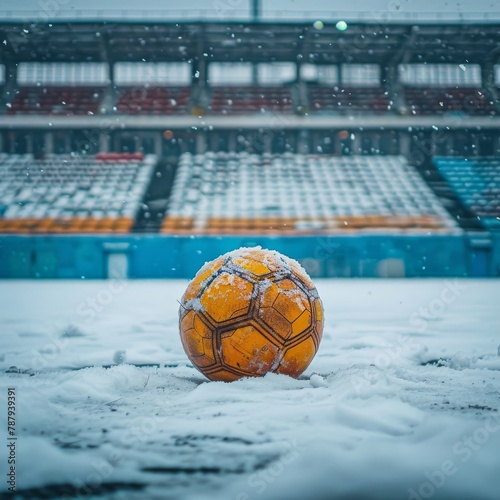 The soccer ball lies amidst the snowy field, a stark yet beautiful contrast against the wintry landscape.





