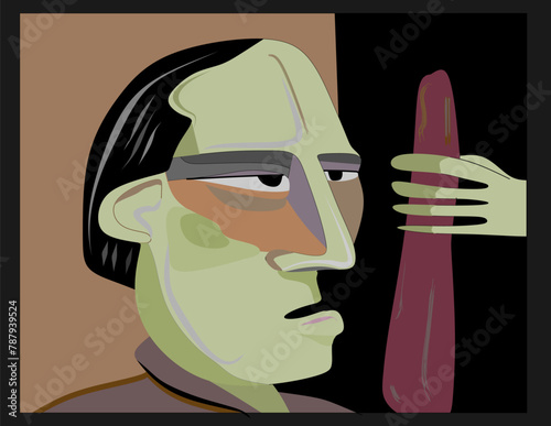 A stylized representation of a profile of a male figure with distinctive facial features holding up a brown club. The man's face is depicted in various shades of green and gray