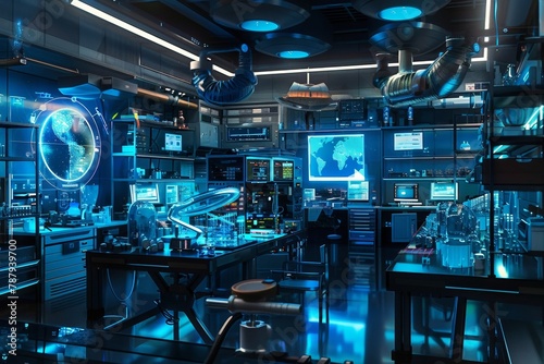 High-tech laboratory filled with advanced equipment Holographic display and scientists who conduct groundbreaking experiments in the pursuit of knowledge and discovery.