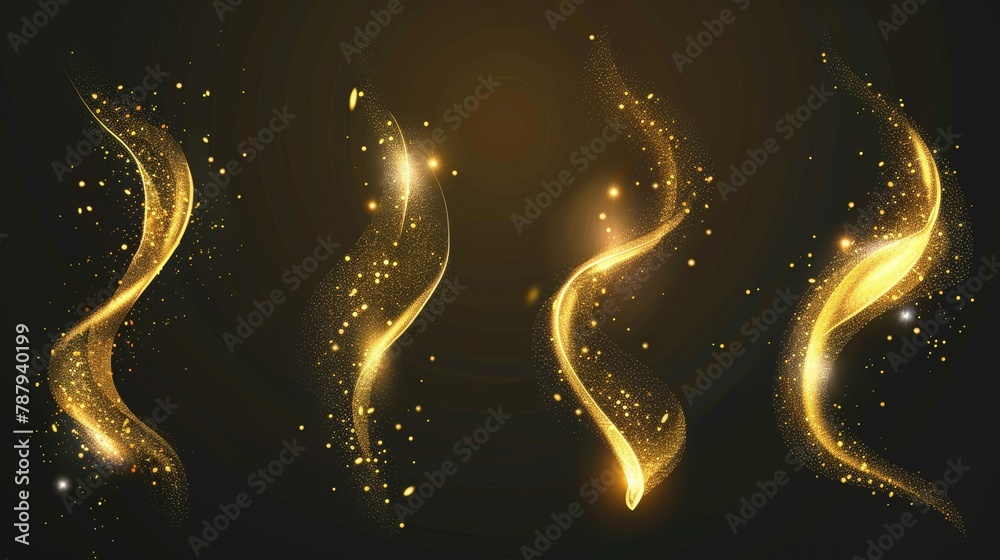 Luminous yellow lines, shimmering glitter particles, magic wand twirling and glowing Christmas decoration with golden light vortex effects isolated on transparent background.