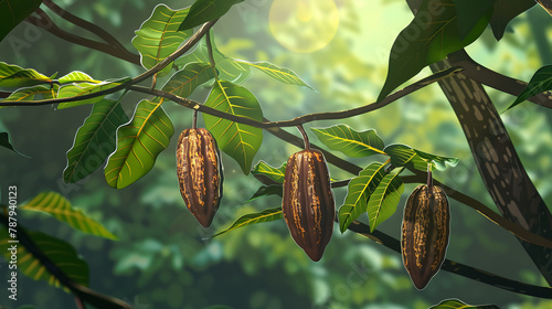 Stylized 3D vector of a cacao tree branch, pods hanging with a detailed look at the bark and leaves, realistic forest setting, photo